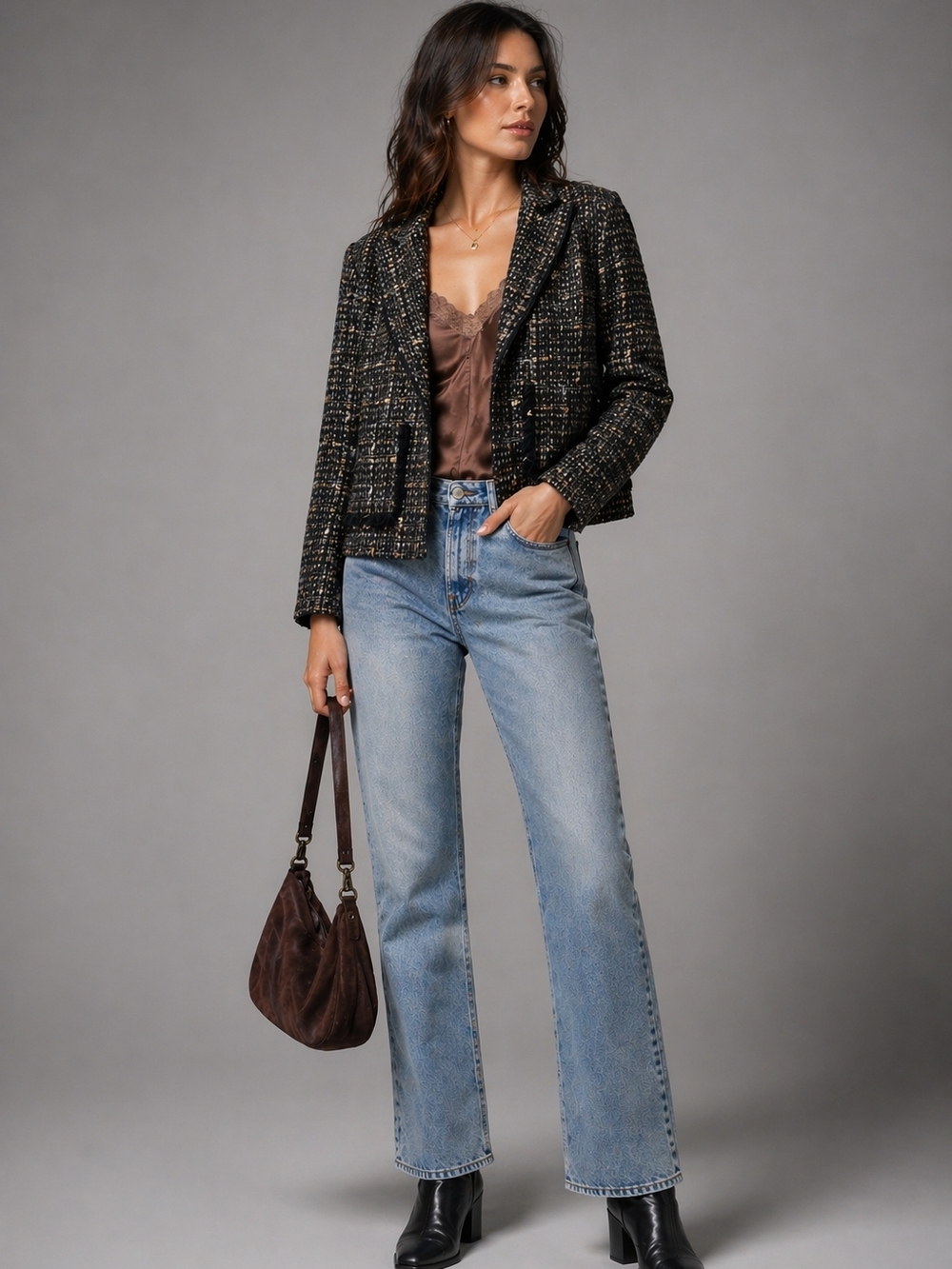 Cynthia Max Tweed Blazer Jacket Chanel Style Brown Black zip-up Quiet Luxury